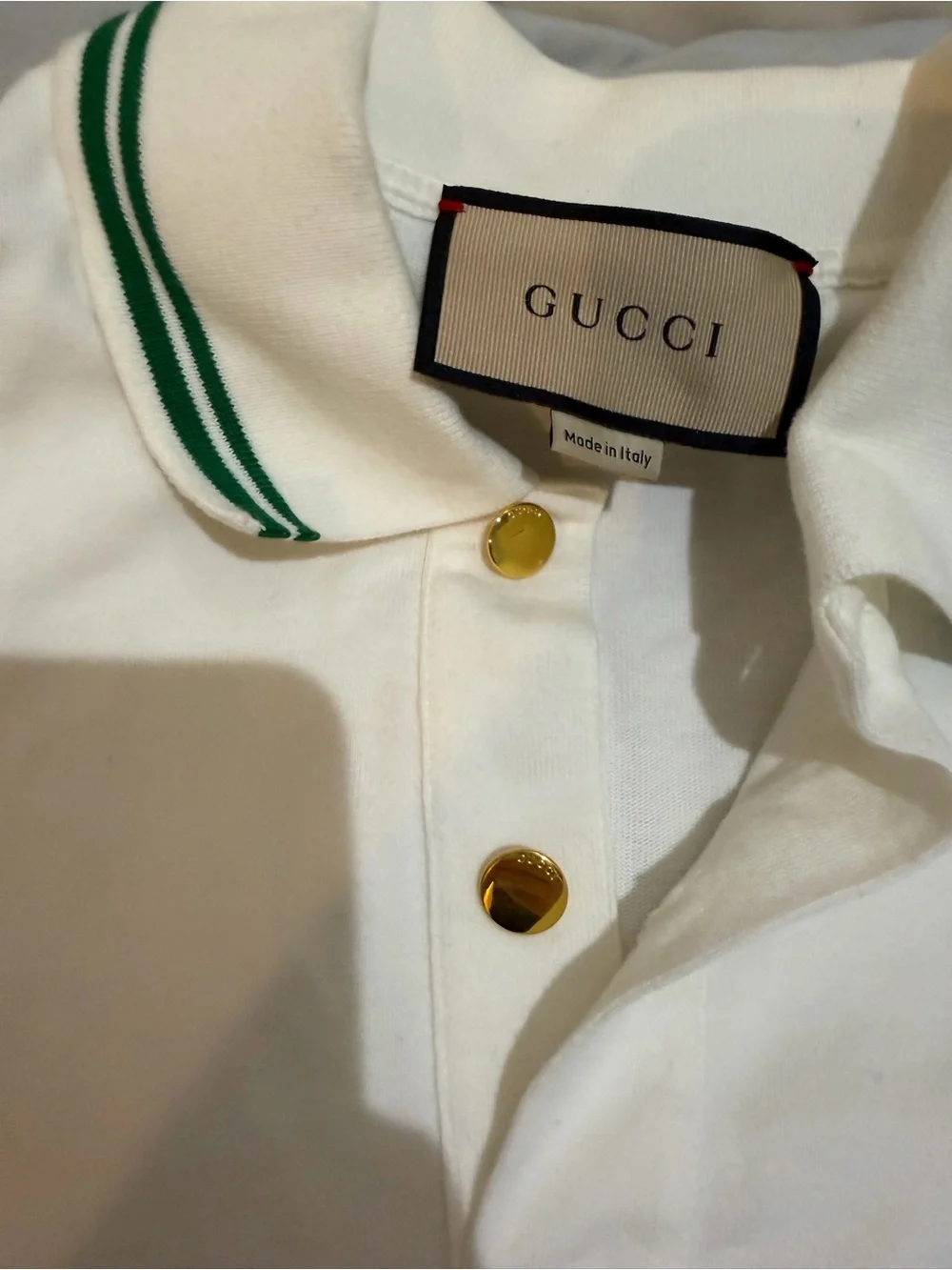 Gucci White Polo with Green Stripe Trim and Chest Web